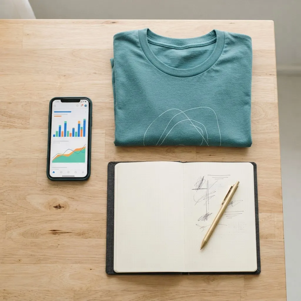 Phone showing analytics next to a folded graphic t-shirt on a desk