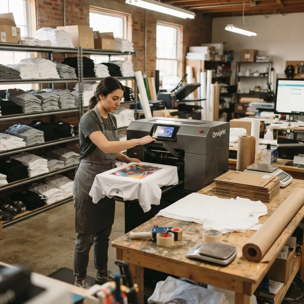 Print on demand studio pressing a graphic onto a folded shirt