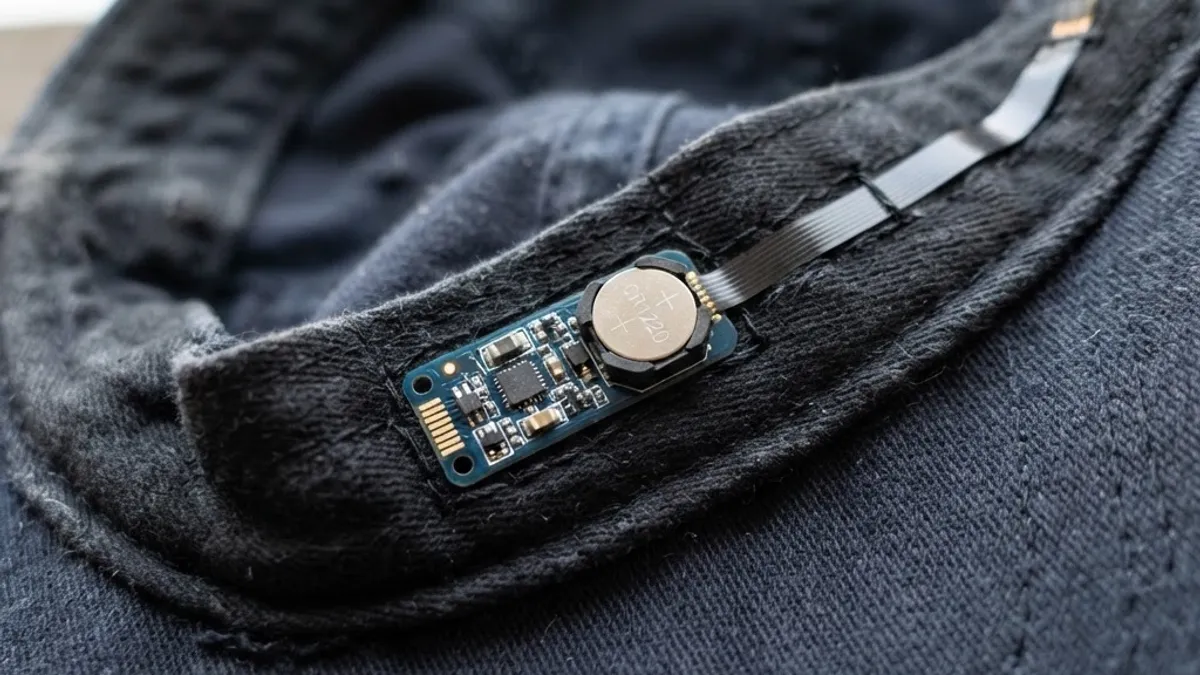 Inside lining of a smart cap showing a slim sensor module and thin ribbon cable stitched into the sweatband