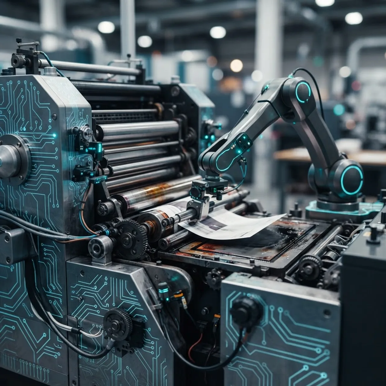Modern AI-powered printing facility with digital analytics overlays