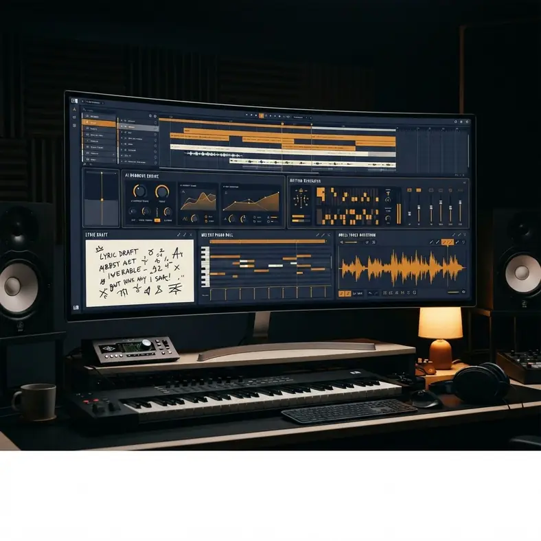 Modern workstation displaying AI lyric, melody, arrangement, and audio tools