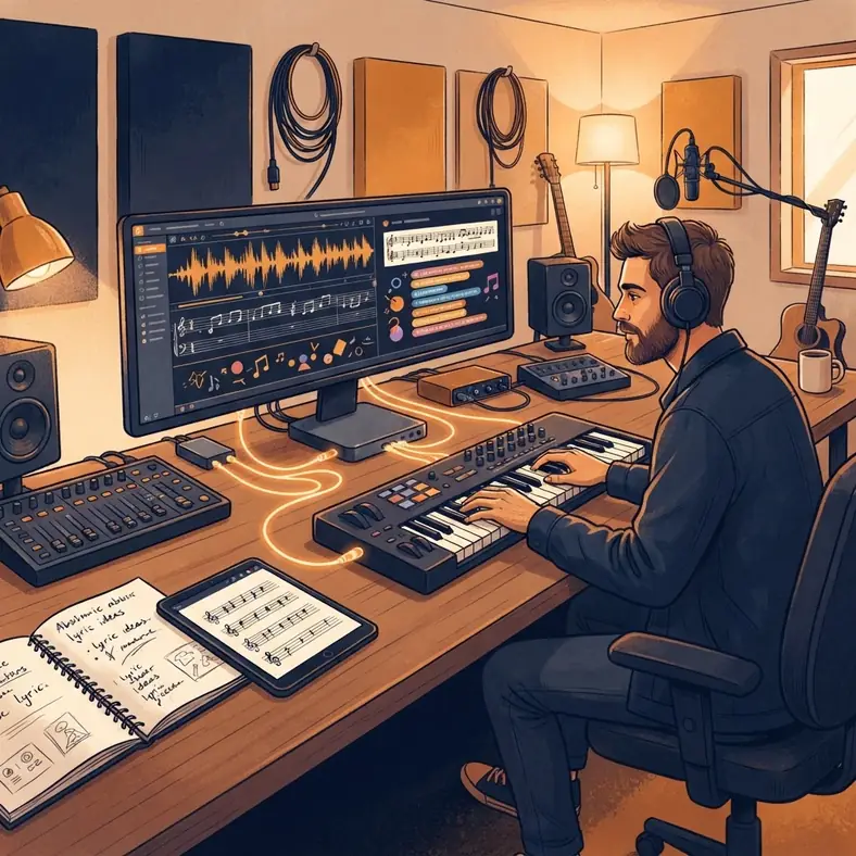 AI songwriting workflow with a songwriter, notebook, keyboard, and music interface