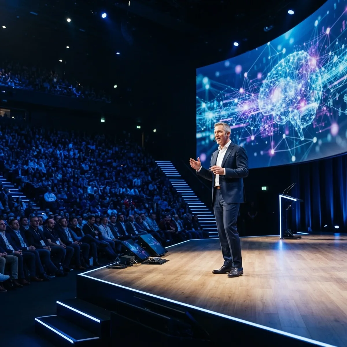 Keynote presentation on stage at the AI summit
