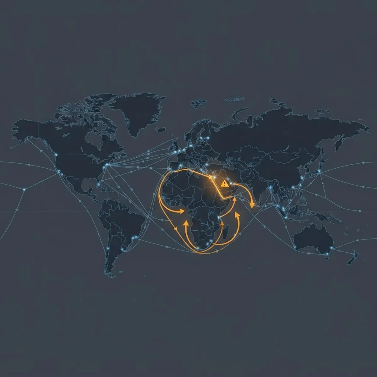 Global logistics map with a disrupted shipping route and alternate rerouting paths
