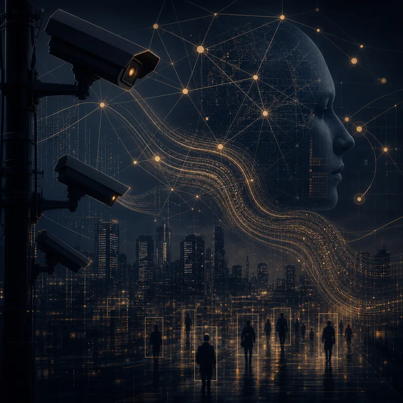 Abstract network of surveillance nodes and data streams over a dark city