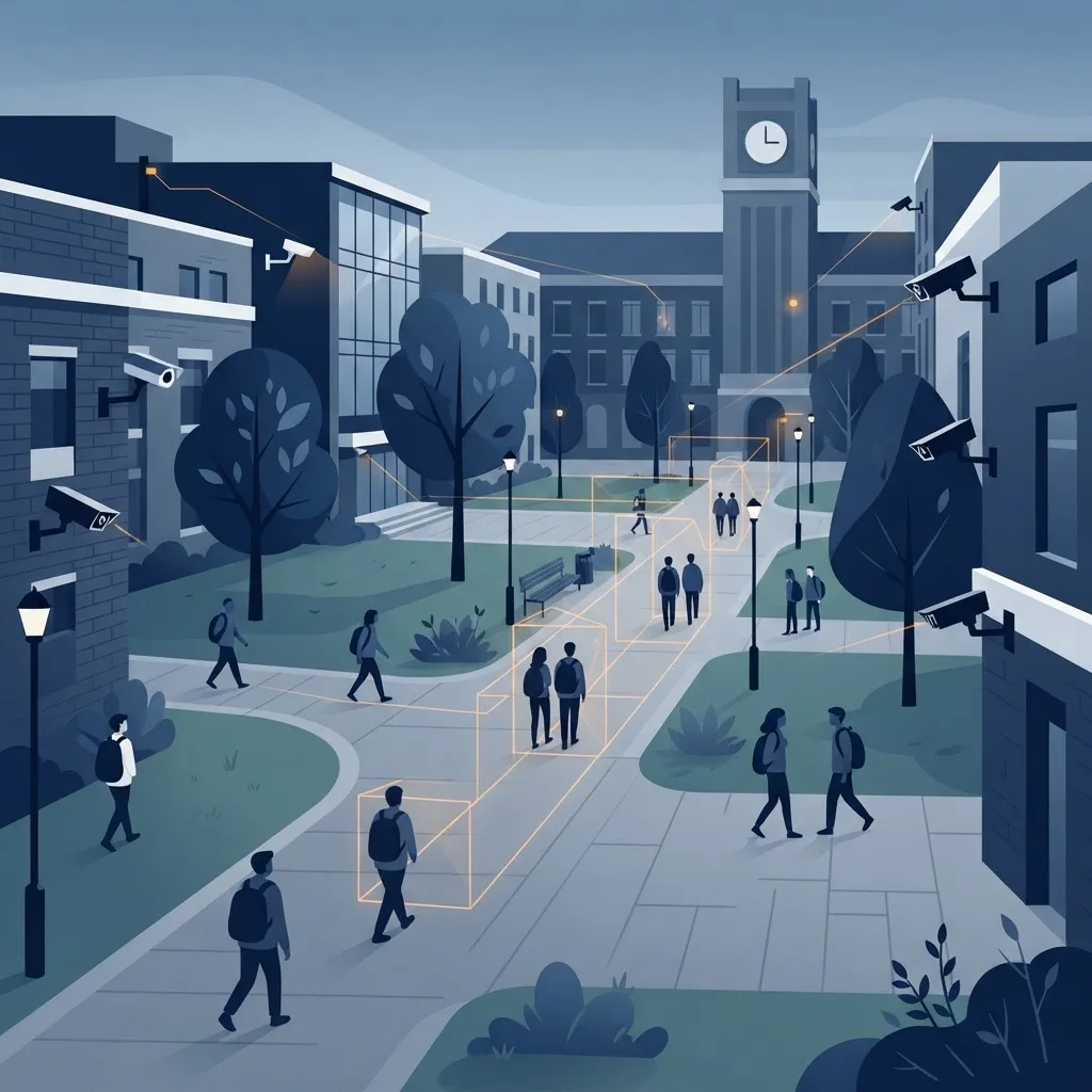 School campus with security cameras and subtle AI detection outlines