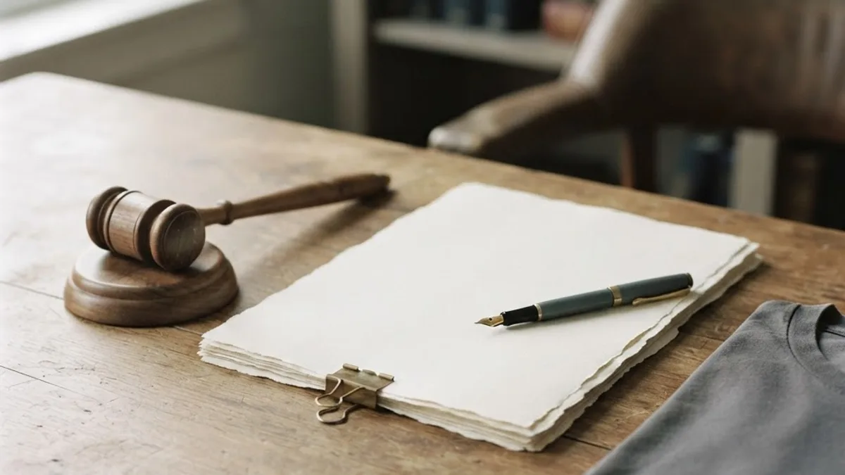 Documents, pen and a small gavel beside a plain folded t-shirt