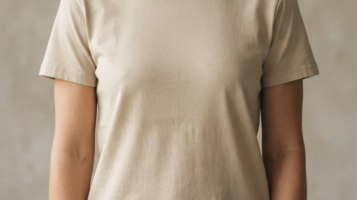 Model wearing a plain sand colored t-shirt in a neutral studio