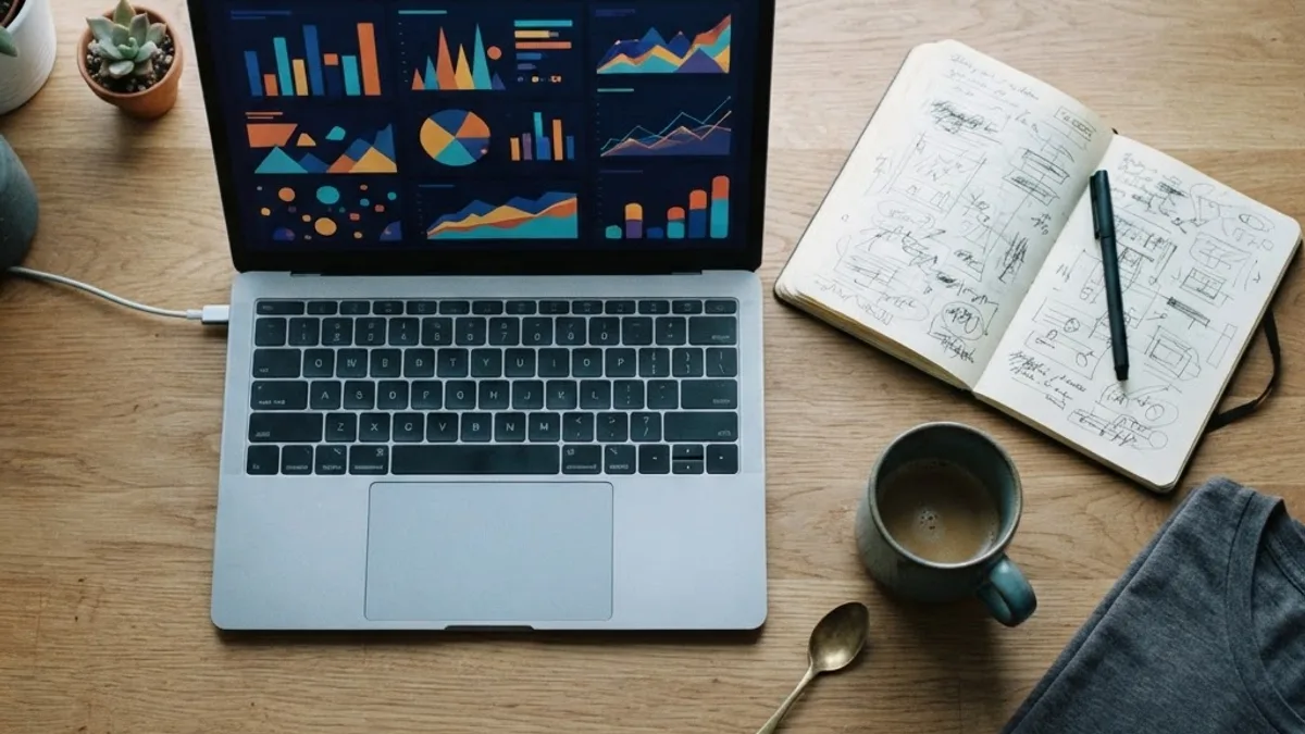 Overhead laptop showing abstract charts beside a notebook and folded tee