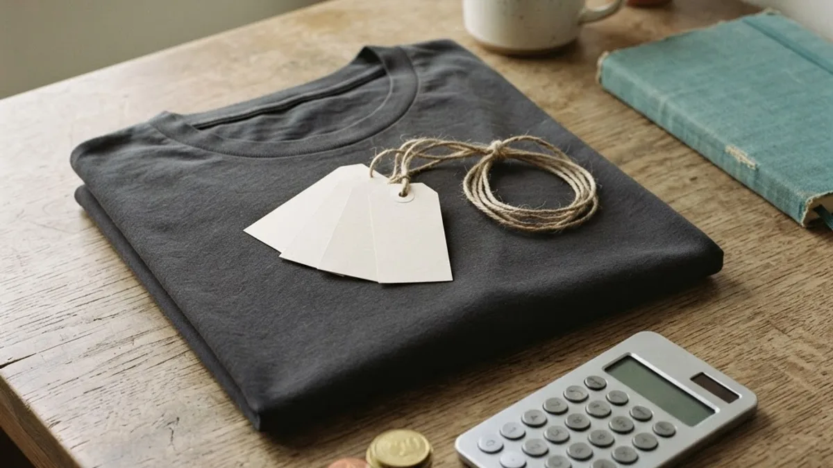 Blank price tags on a folded charcoal t-shirt with a calculator and coins