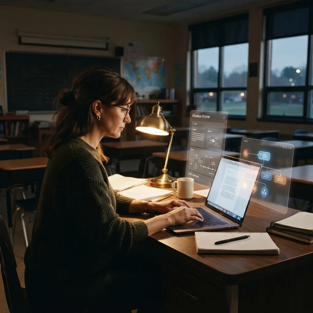 Teacher using an AI assistant to draft a lesson plan in an empty evening classroom