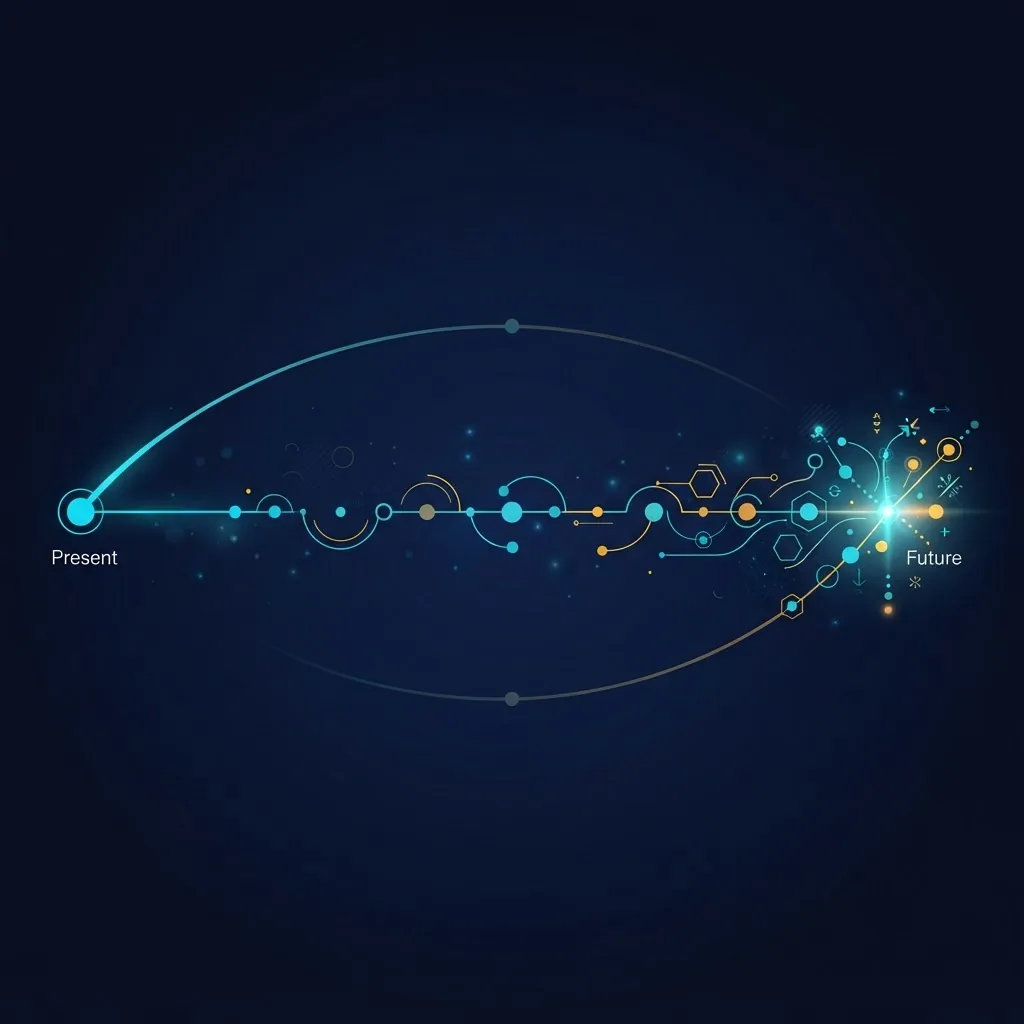 Abstract timeline arc showing AI development milestones stretching from the present day toward a distant future horizon