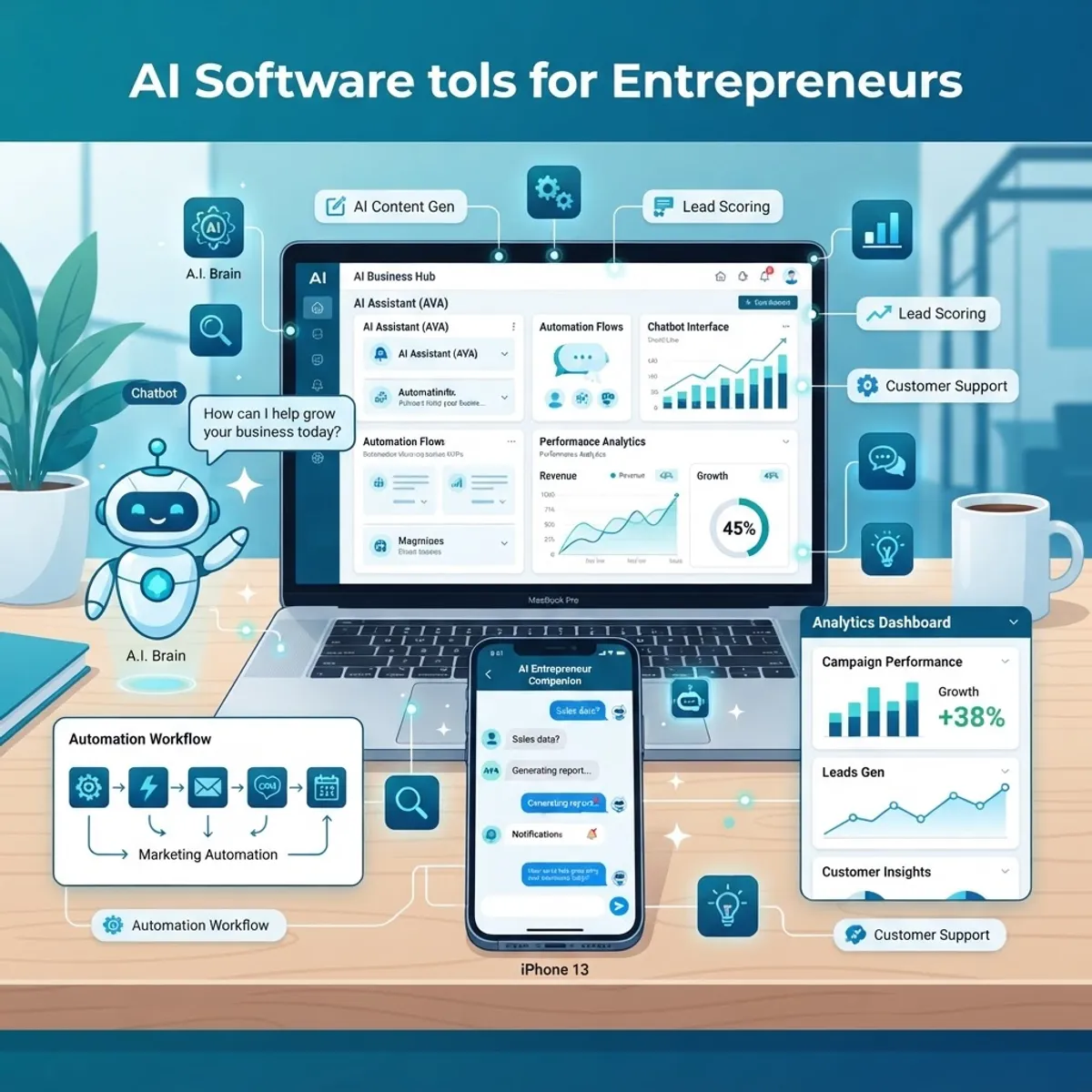 Collection of AI tools for entrepreneurs on laptop and phone
