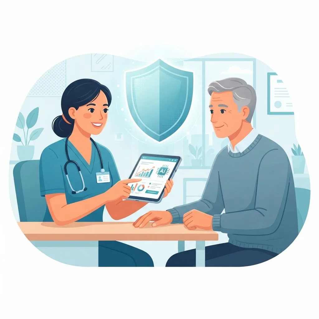 Doctor explaining an AI diagnosis to a patient, building trust