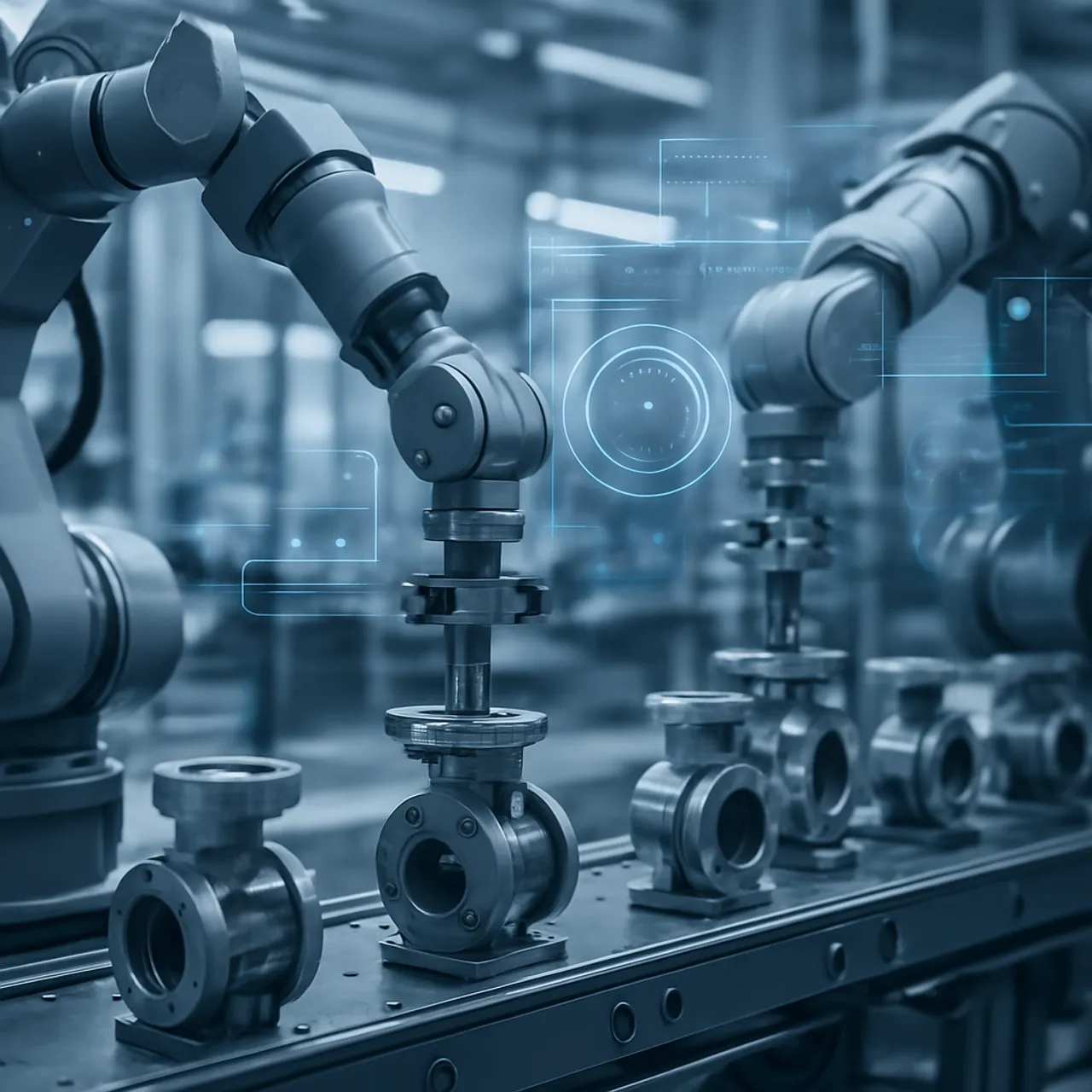 Robotic arms assembling industrial valves on an automated smart production line
