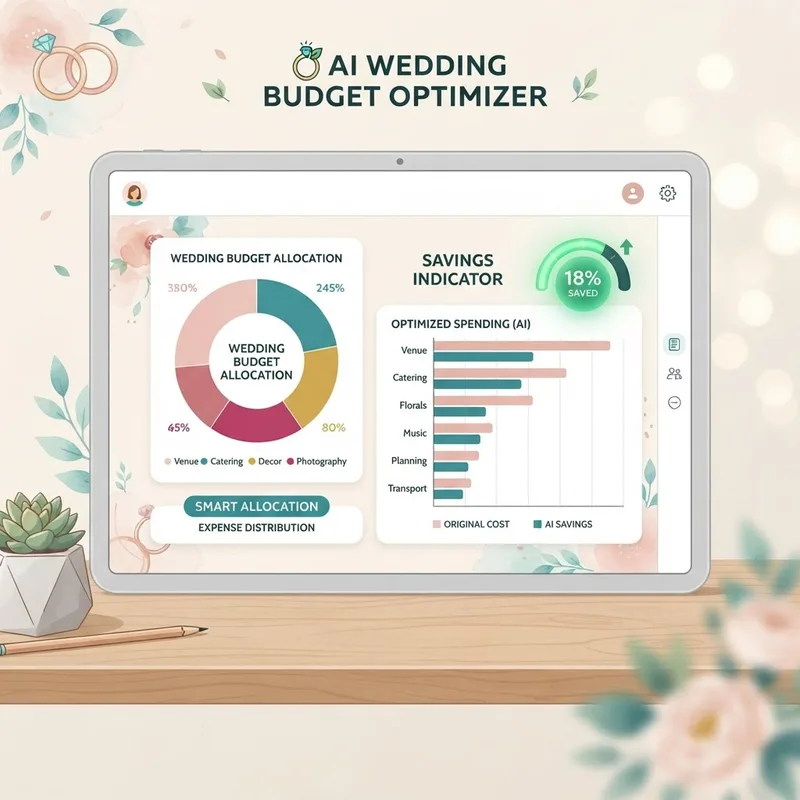 AI wedding budget optimization dashboard with pie chart and savings indicator