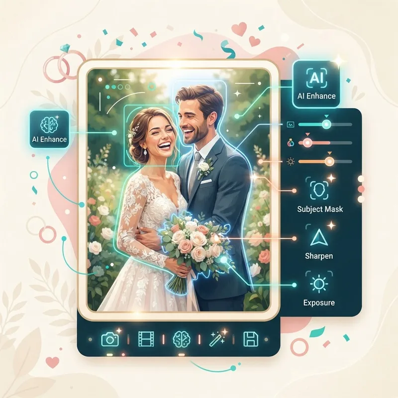 AI wedding photo editing with enhancement sliders around an elegant portrait