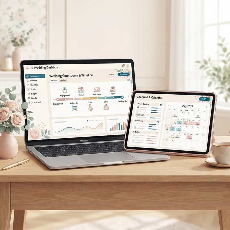 AI wedding planning dashboard on laptop and tablet with timeline and checklist
