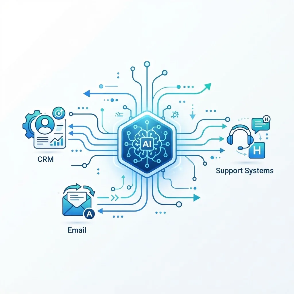 AI workflow integration diagram connecting CRM and support systems