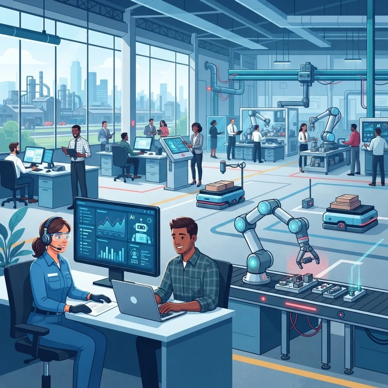 American workers collaborating with AI and automation