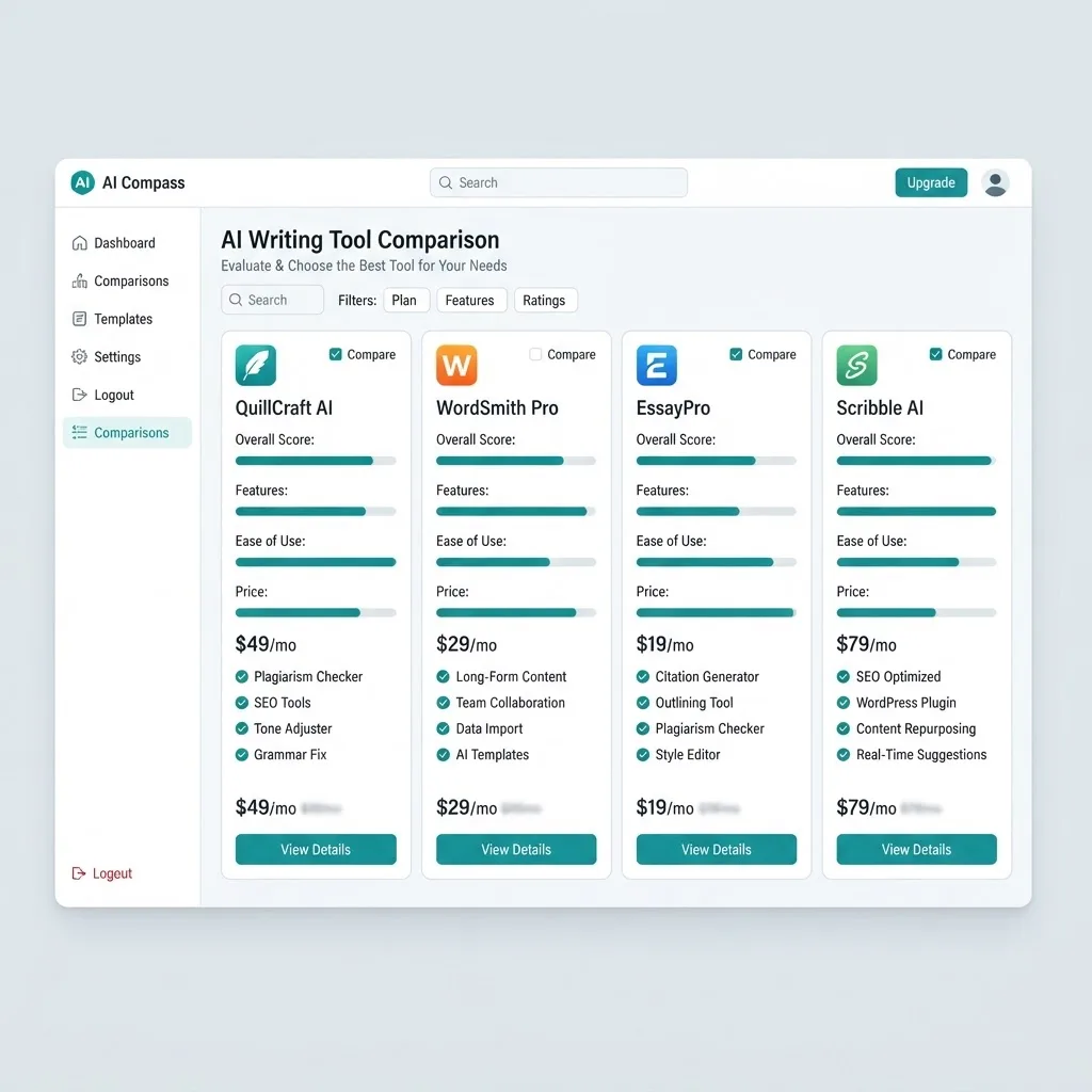 AI writing tools comparison dashboard