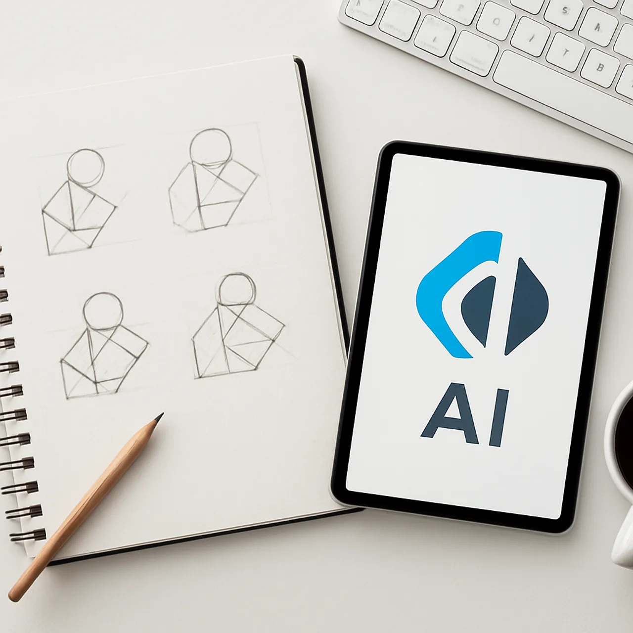 AI2 logo design concept sketches on a tablet