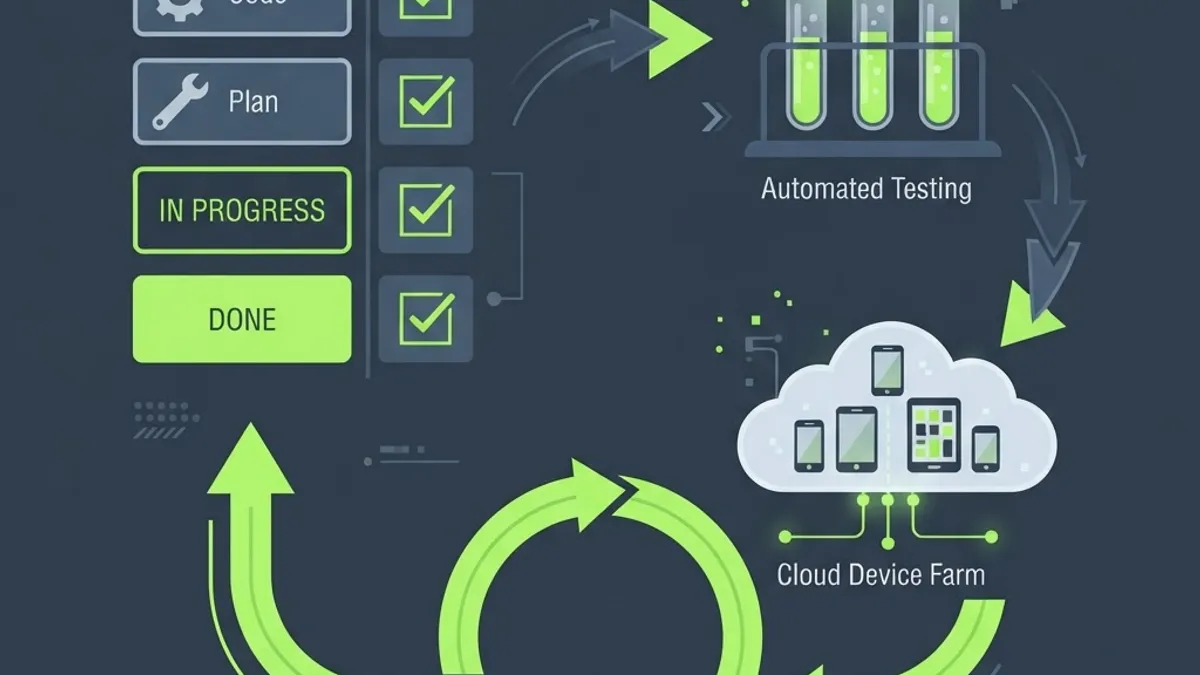 Developer workflow with testing, device farm and CI loop icons