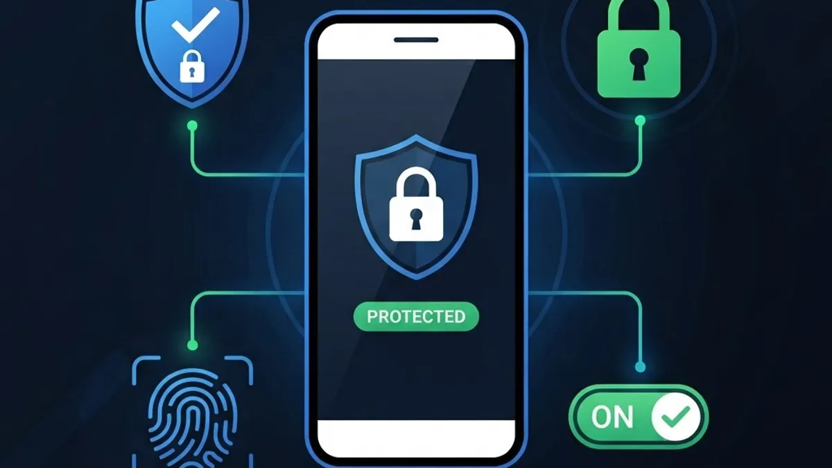 Smartphone with shield, lock and permission toggle icons