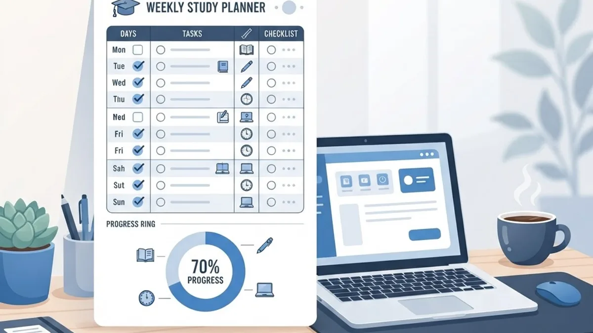 Weekly study plan tracker with progress ring and laptop