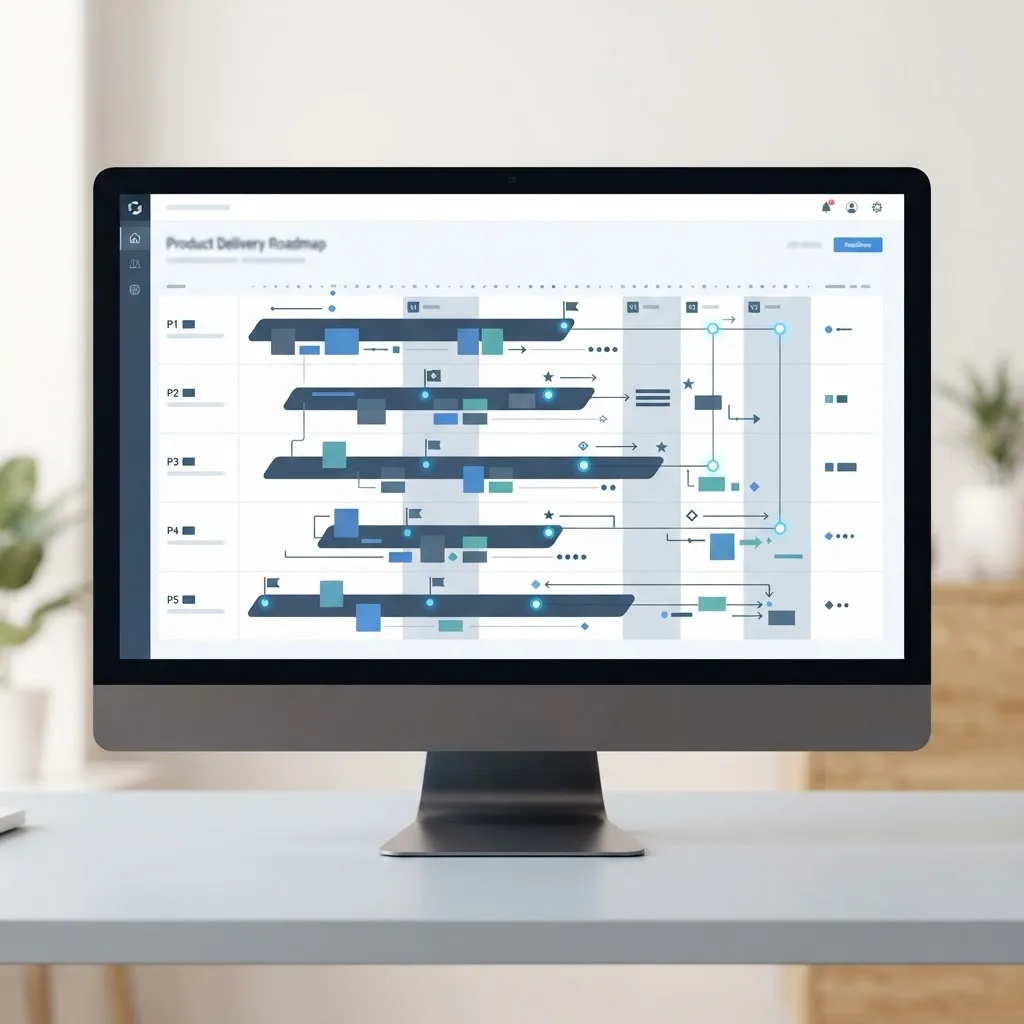 Product delivery roadmap timeline with milestones and release phases for an application development project