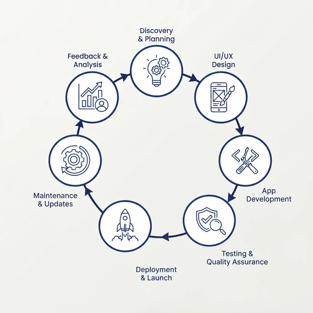 Seven connected stages of the app development lifecycle shown as a looped diagram