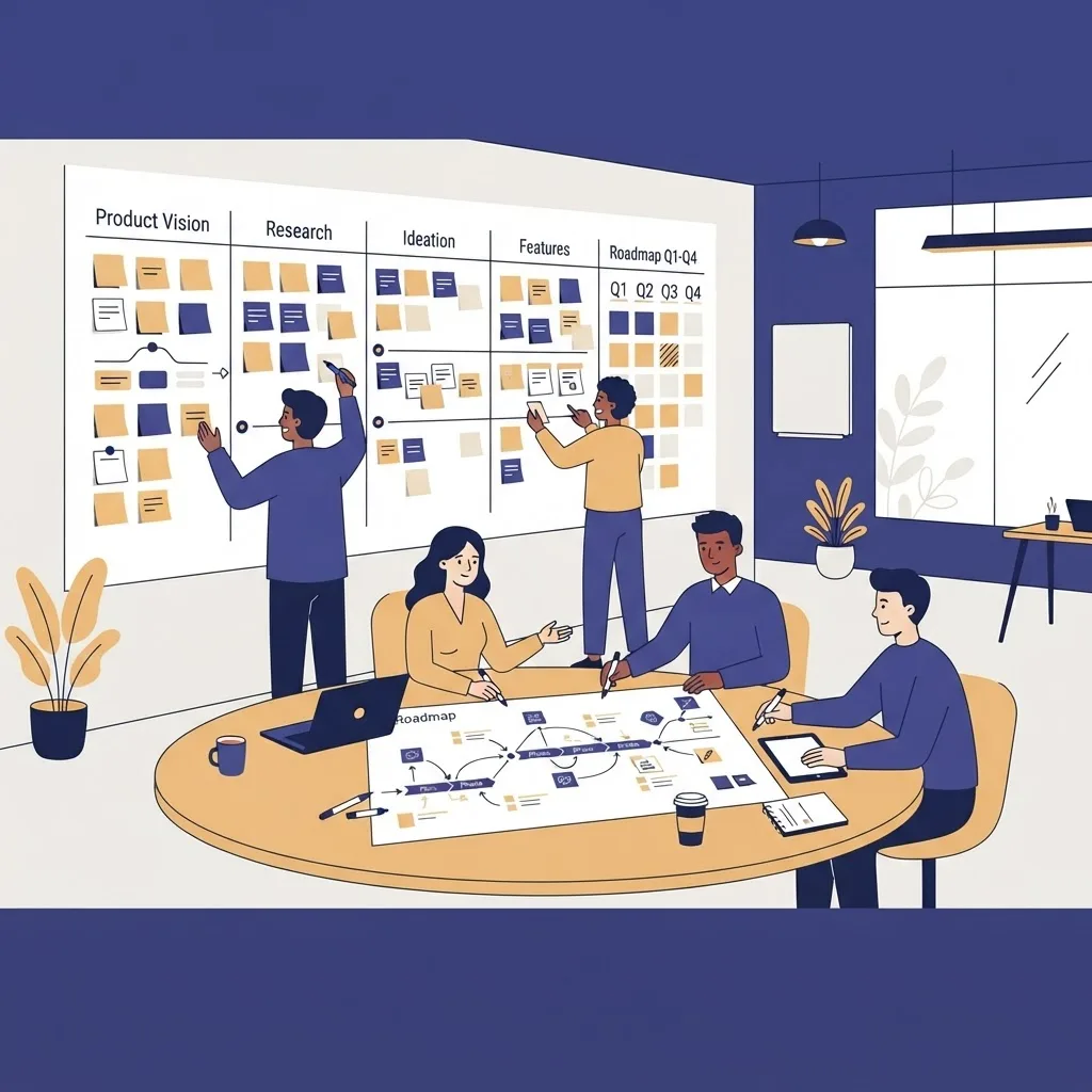 Product discovery workshop with sticky notes and a planning roadmap