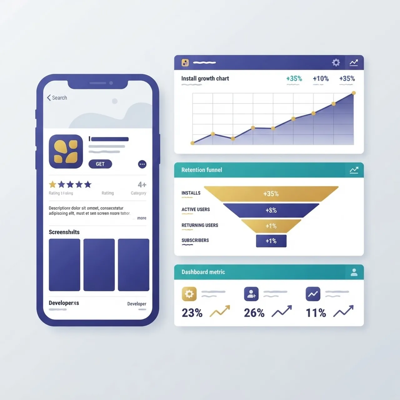 App store listing analytics and install growth metrics