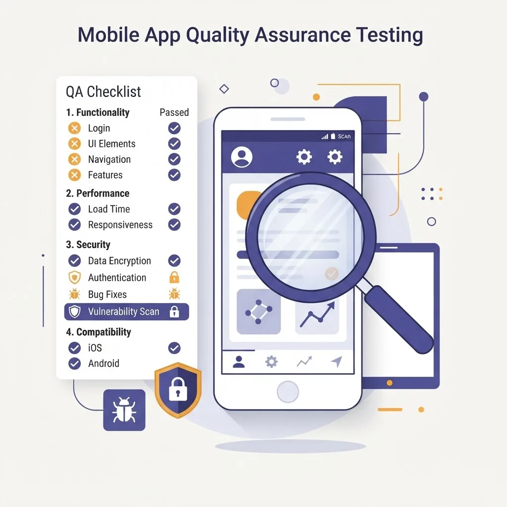 App quality assurance testing with a checklist, bug icon and security shield