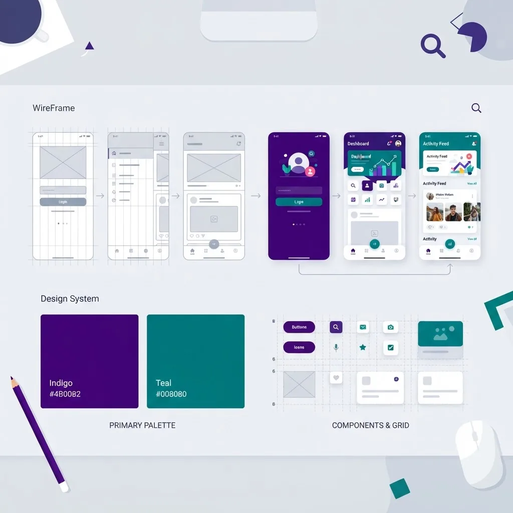 Wireframes progressing into a polished mobile app interface with a design system