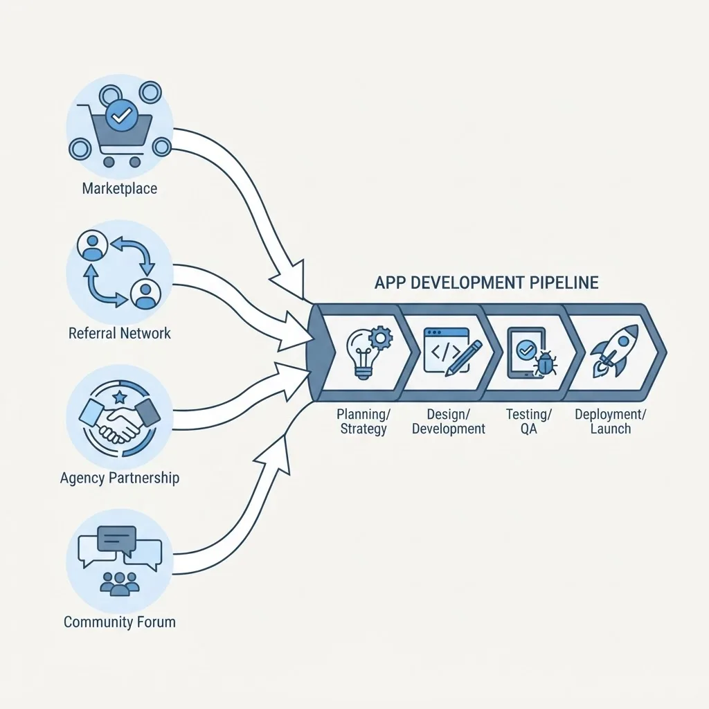 Diagram of channels feeding into an application development project pipeline