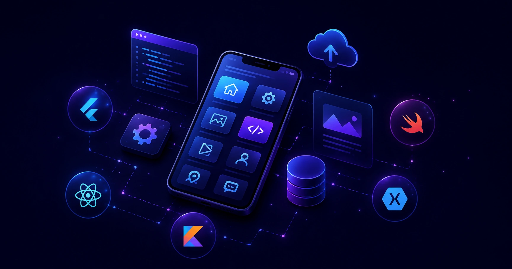 Application development technologies illustrated with code, cloud and database icons