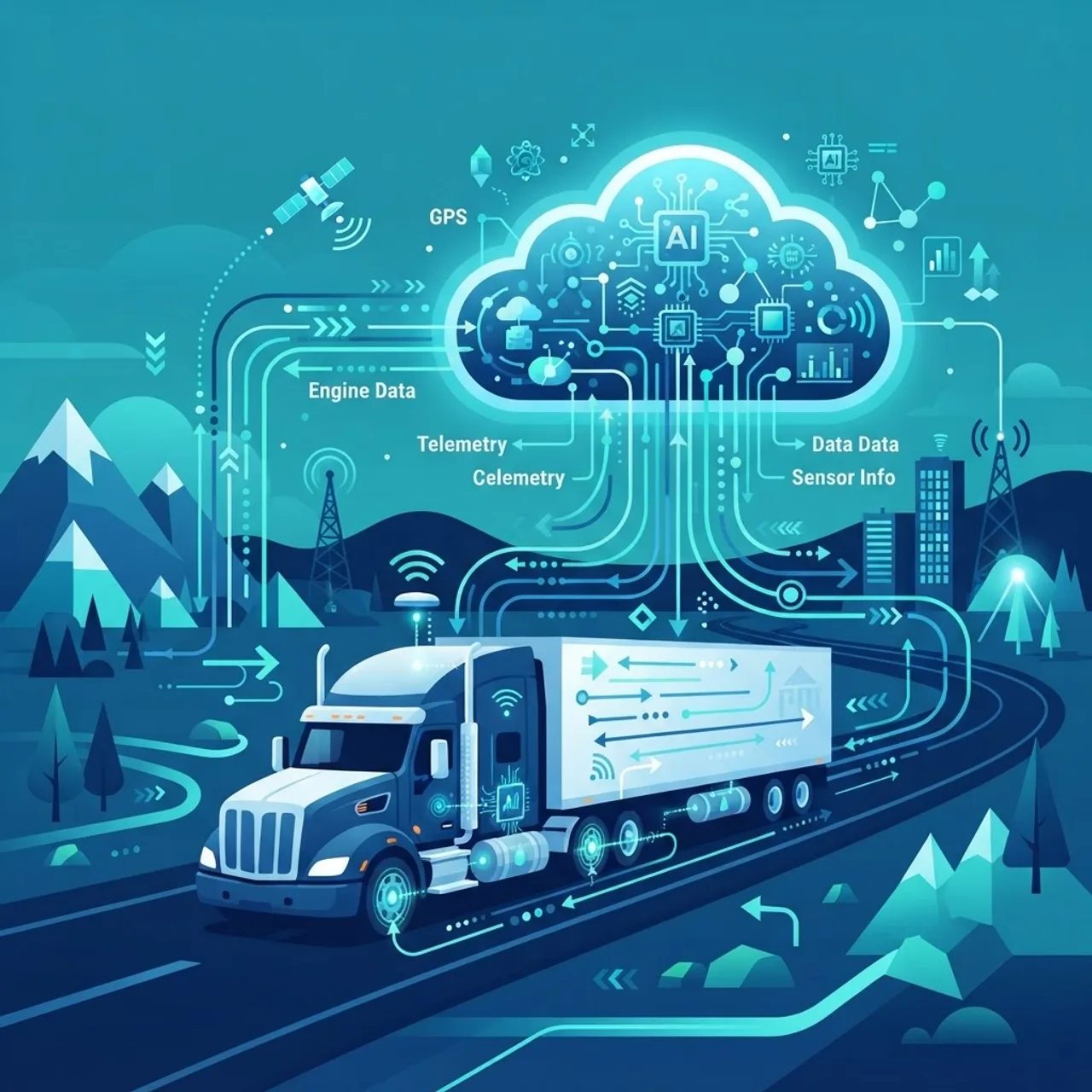 Truck connected to IoT telematics sensors streaming data to cloud AI