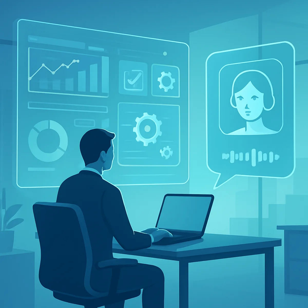 AI in business with holographic dashboards and a digital assistant interface