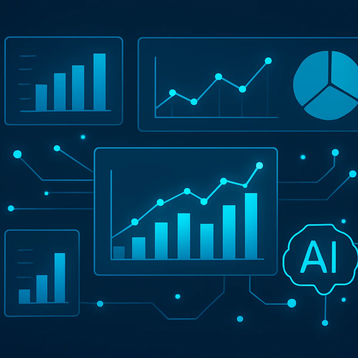 AI data analytics dashboard with charts and connected data points