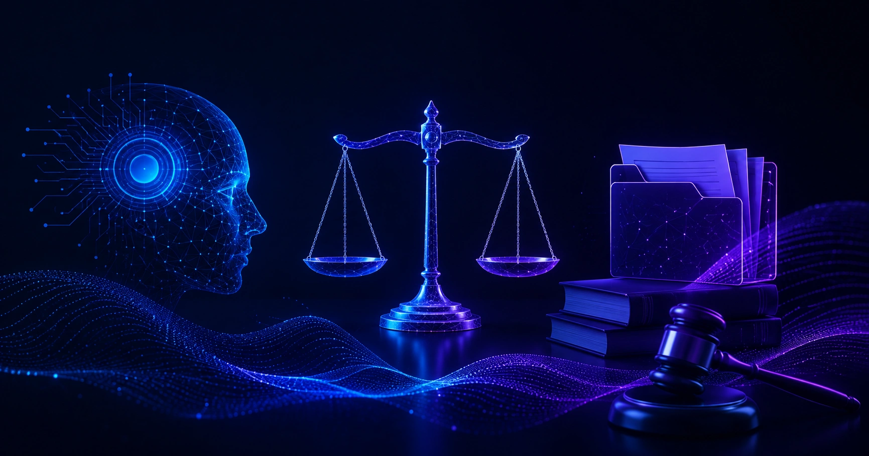 Artificial intelligence and legal analytics concept with digital scales of justice
