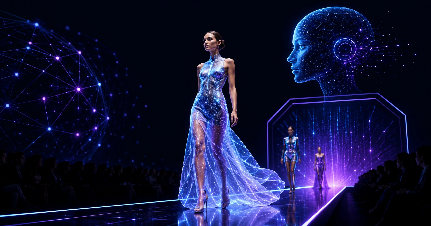 AI fashion show runway with holographic lighting
