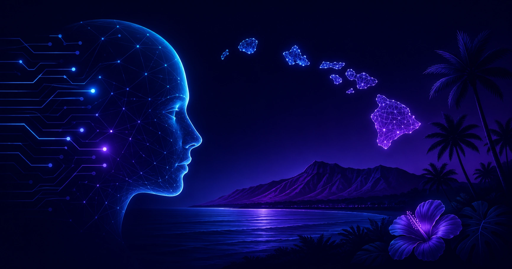 Artificial intelligence and Hawaiian island landscape blended together