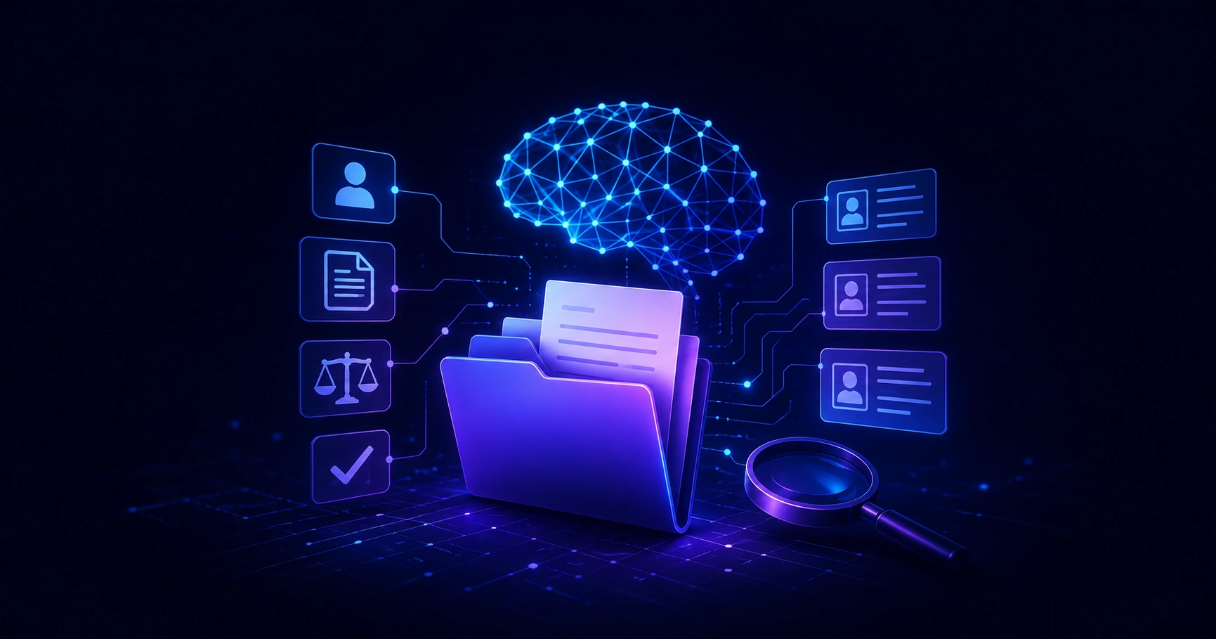 Digital case file connected to glowing AI neural nodes and workflow lines