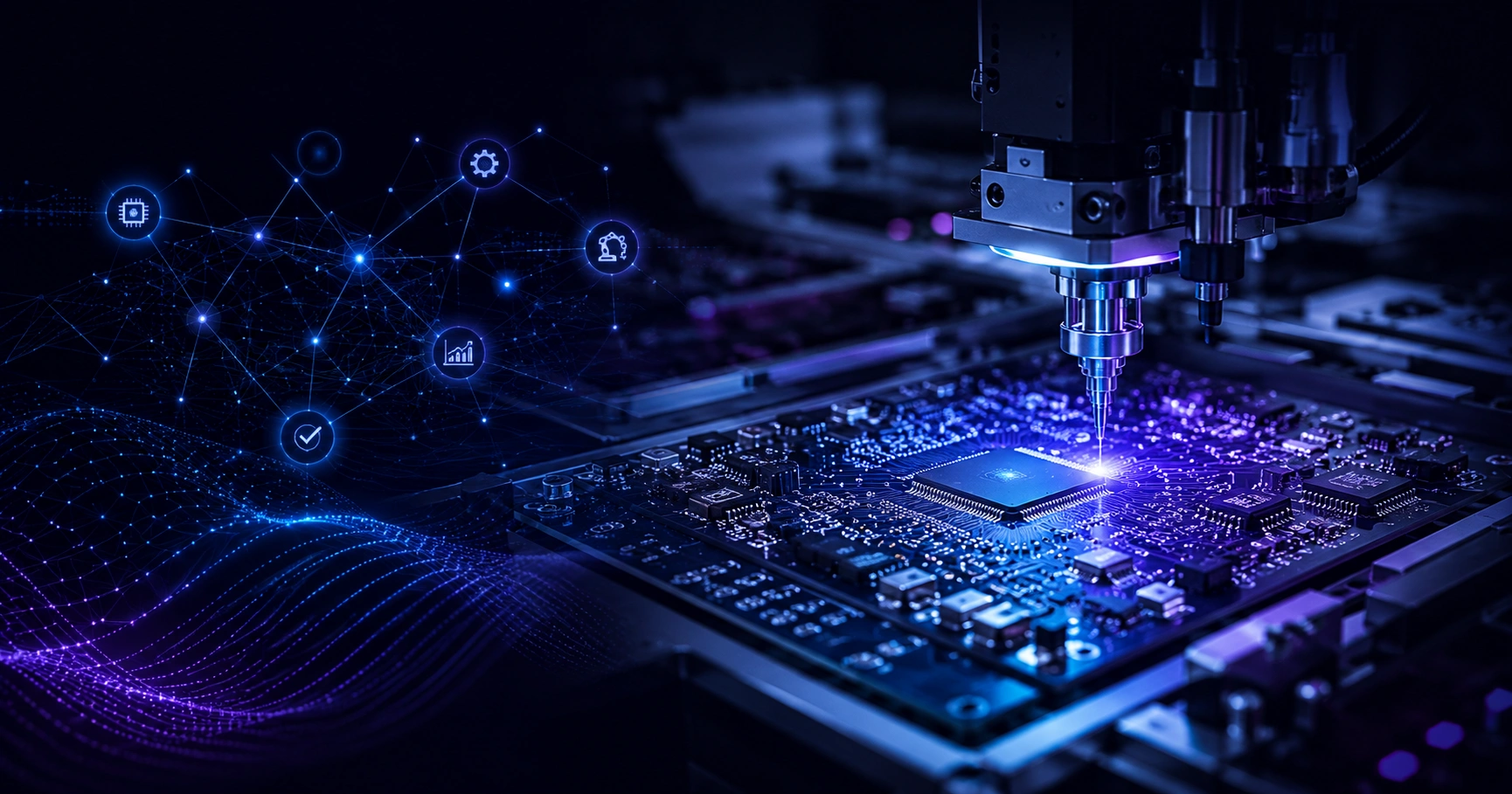AI optimizing PCB assembly with neural network overlays on a green circuit board