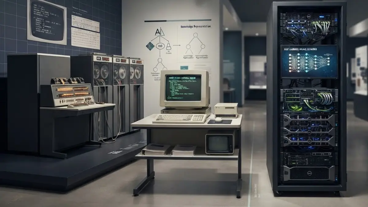 A memorial scene for artificial intelligence beside an active computer