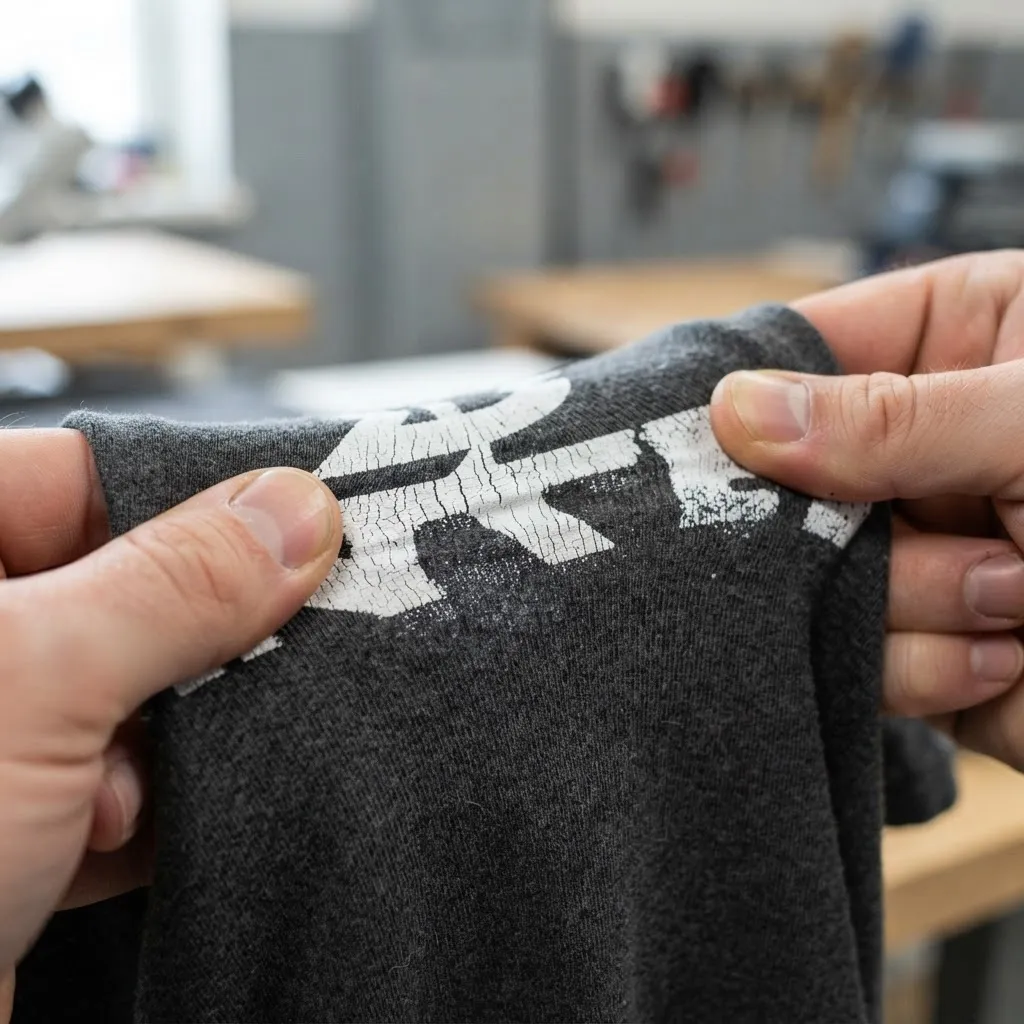 Hands stretching a printed shirt panel to inspect print quality
