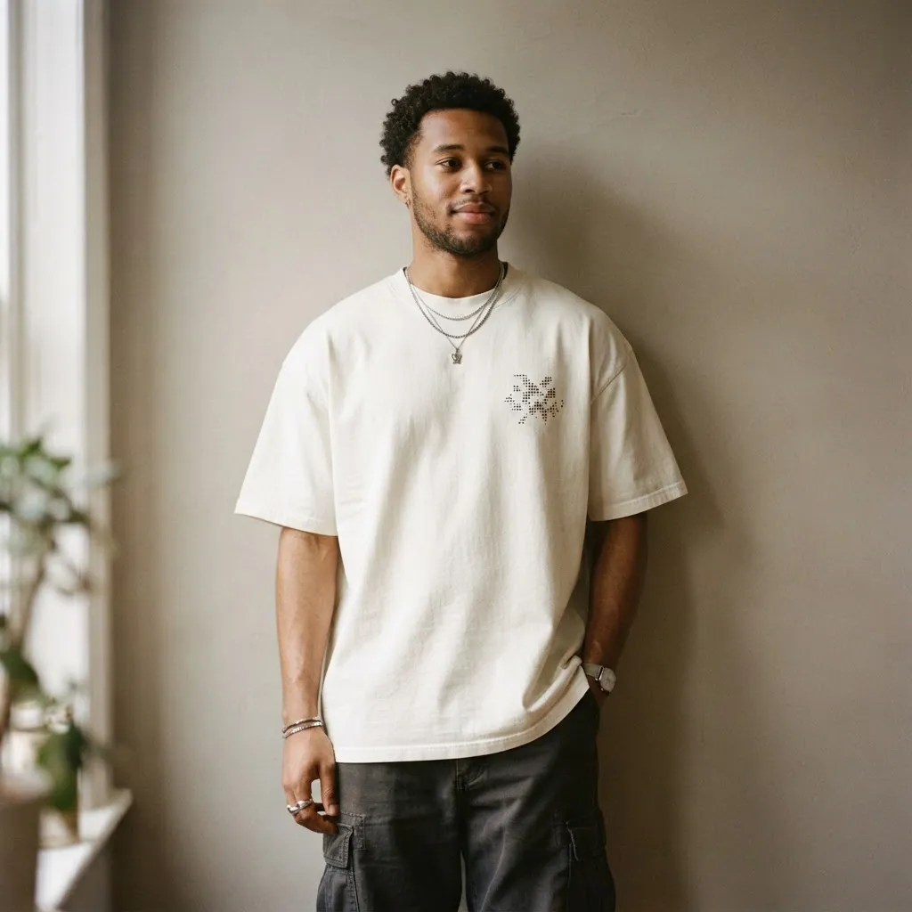 Person wearing an oversized graphic t-shirt against a plain wall