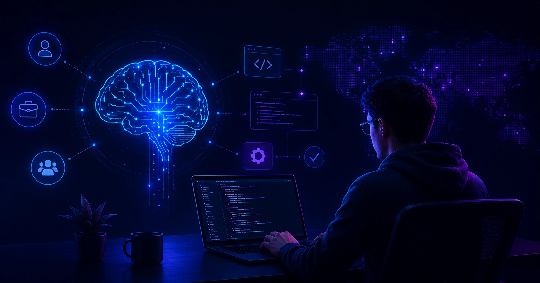 AI software engineer working with code and neural network diagrams