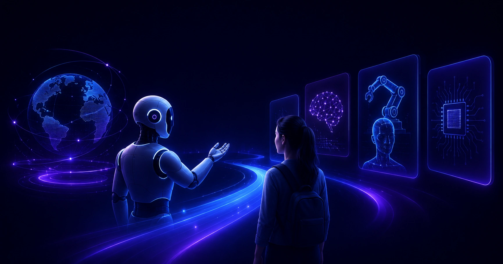 Artificial intelligence tour cover illustration with a glowing neural pathway